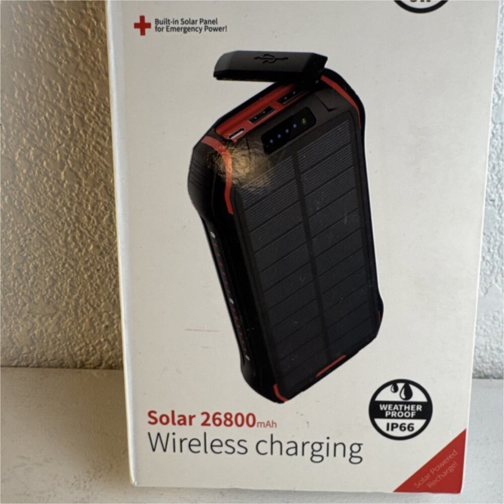 (7028) Solar Power Bank 26800mAh Wireless Charger 26W IP66 USB-C Micro USB Black